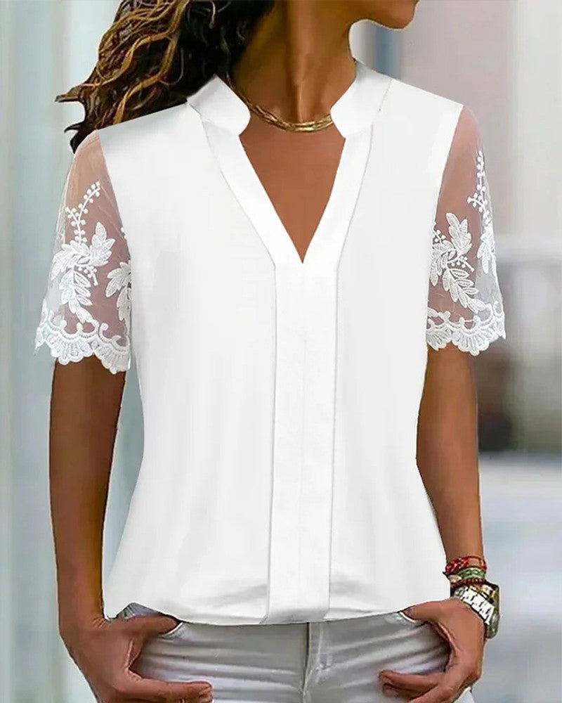 Top sencillo de encaje patchwork monocolor con mangas cortas