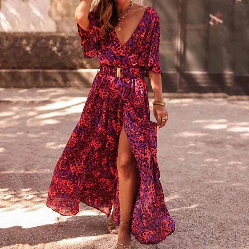 Ivory – Maxivestido boho con escote en V y cinturón