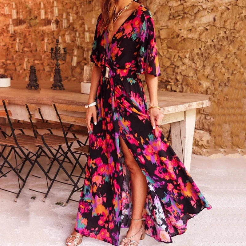 Ivory – Maxivestido boho con escote en V y cinturón