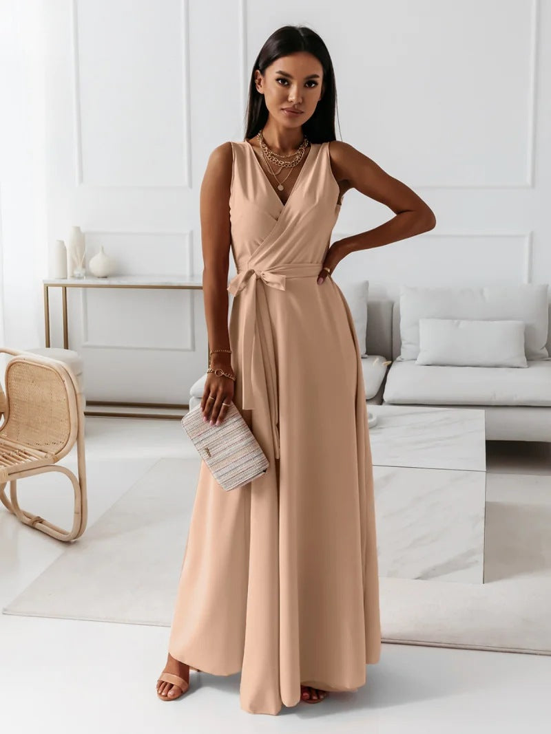 Gretchen - Vestido largo liso con cuello en V para muje