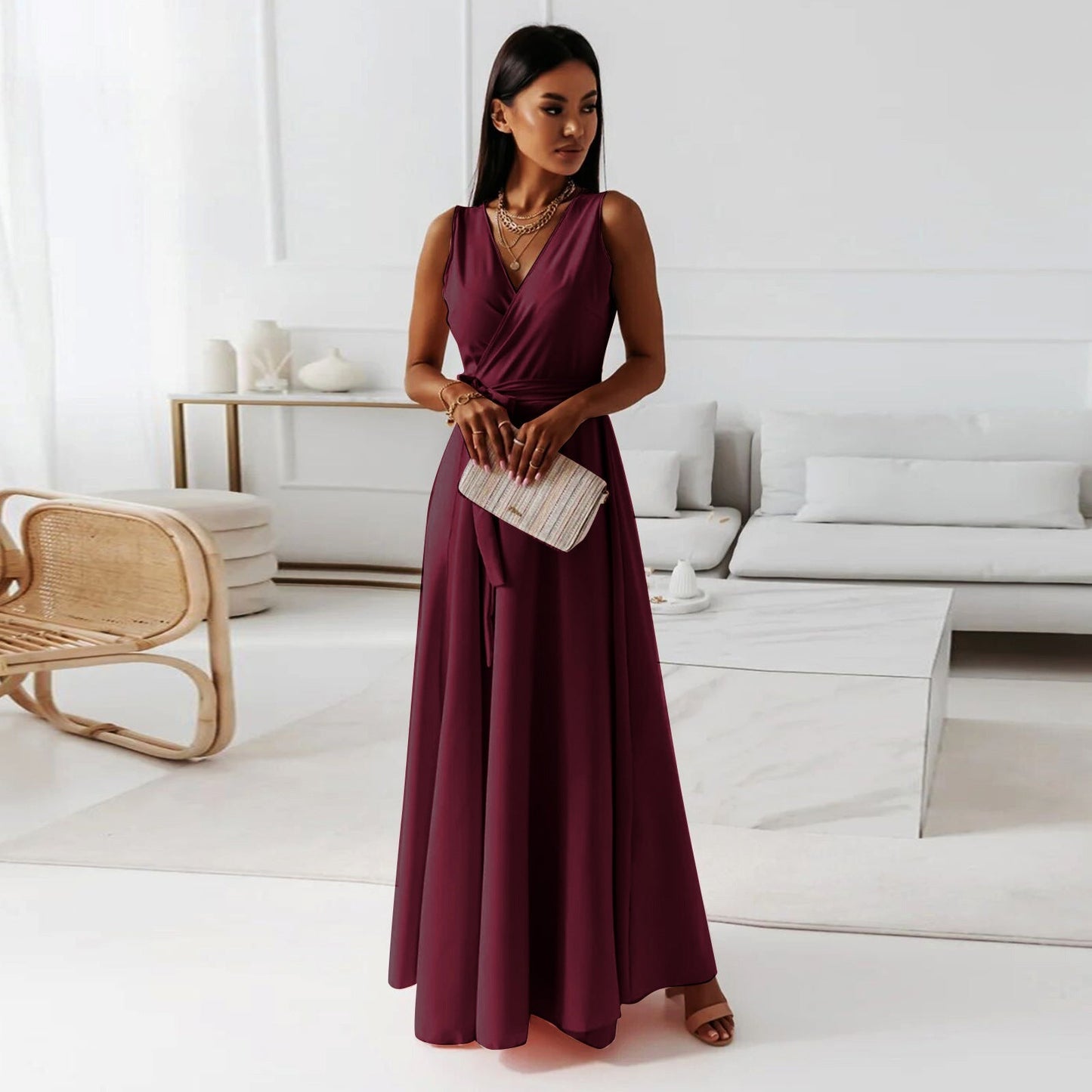 Gretchen - Vestido largo liso con cuello en V para muje