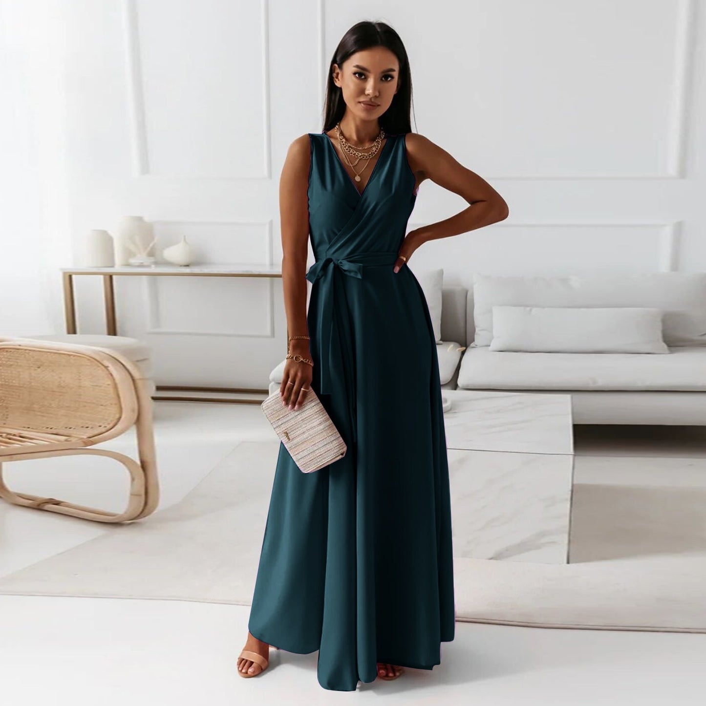 Gretchen - Vestido largo liso con cuello en V para muje