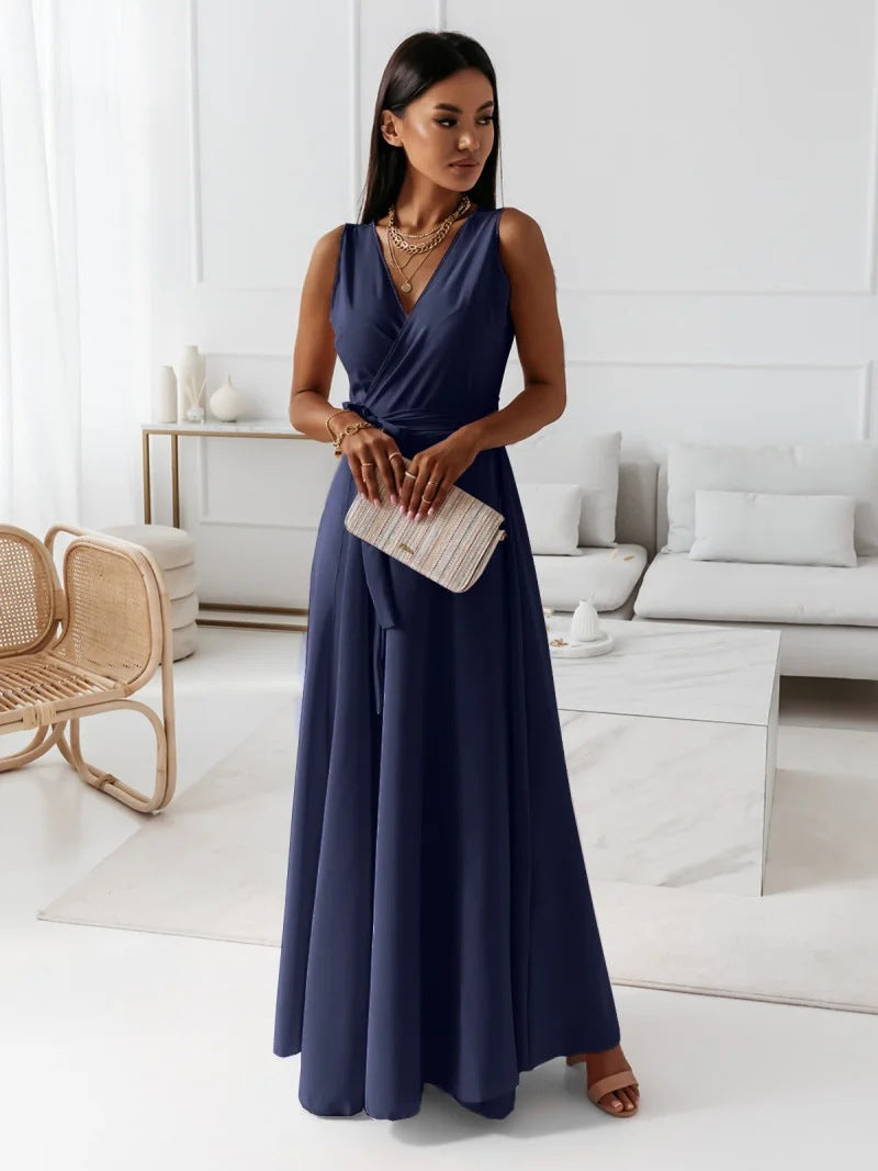 Gretchen - Vestido largo liso con cuello en V para muje