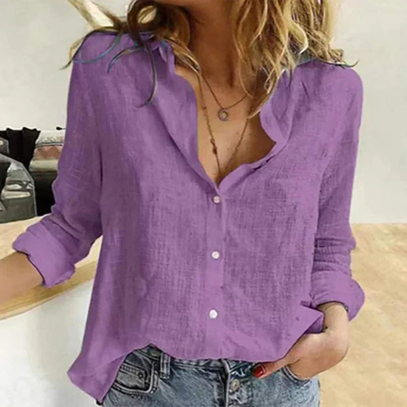 Maelyn - Camisa elegante y desenfadada de manga larga para mujer confeccionada en algodón y lino