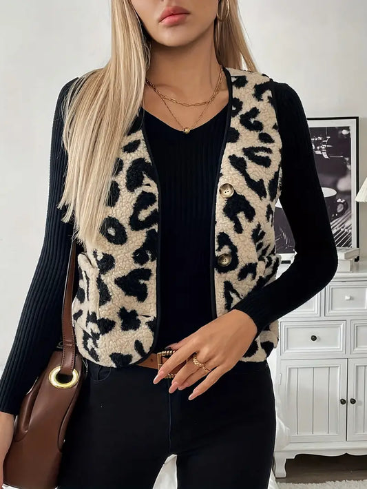 Clara - Elegante chaleco con estampado de leopardo y cuello de pico para mujer