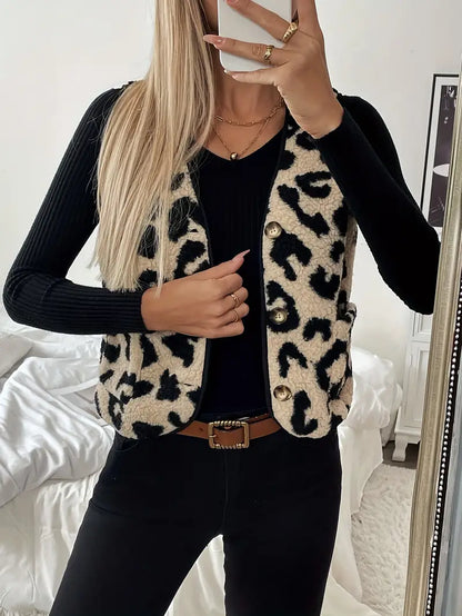 Clara - Elegante chaleco con estampado de leopardo y cuello de pico para mujer