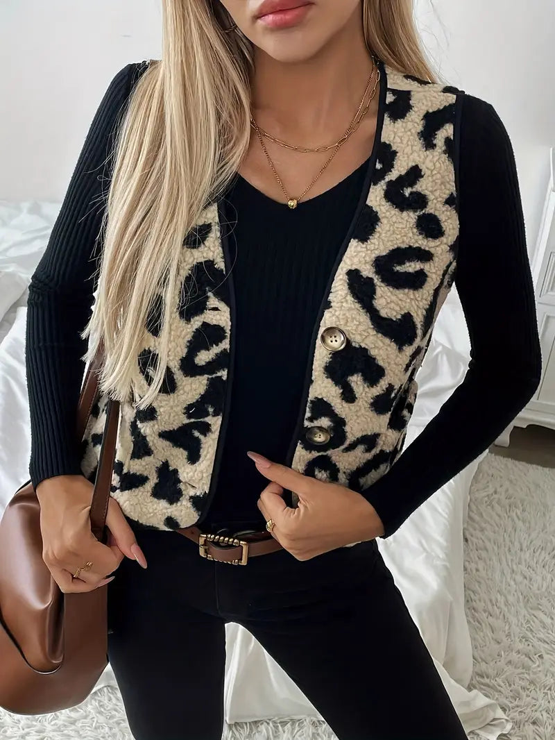 Clara - Elegante chaleco con estampado de leopardo y cuello de pico para mujer