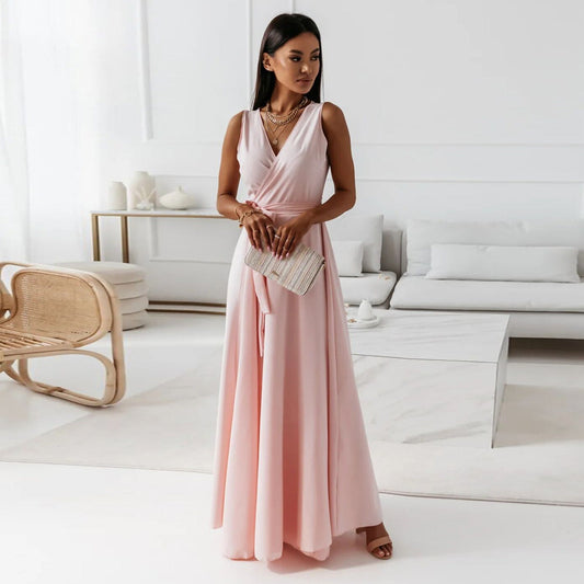 Gretchen - Vestido largo liso con cuello en V para muje