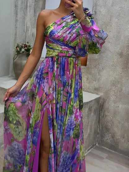 Lila - Maxivestido sexy de una manga con abertura lateral y estampado morad
